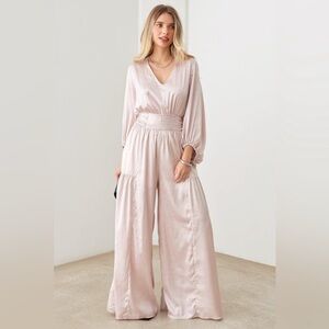 Mustard Seed Satin V-Neck Ruched Waist Wide Leg Jumpsuit